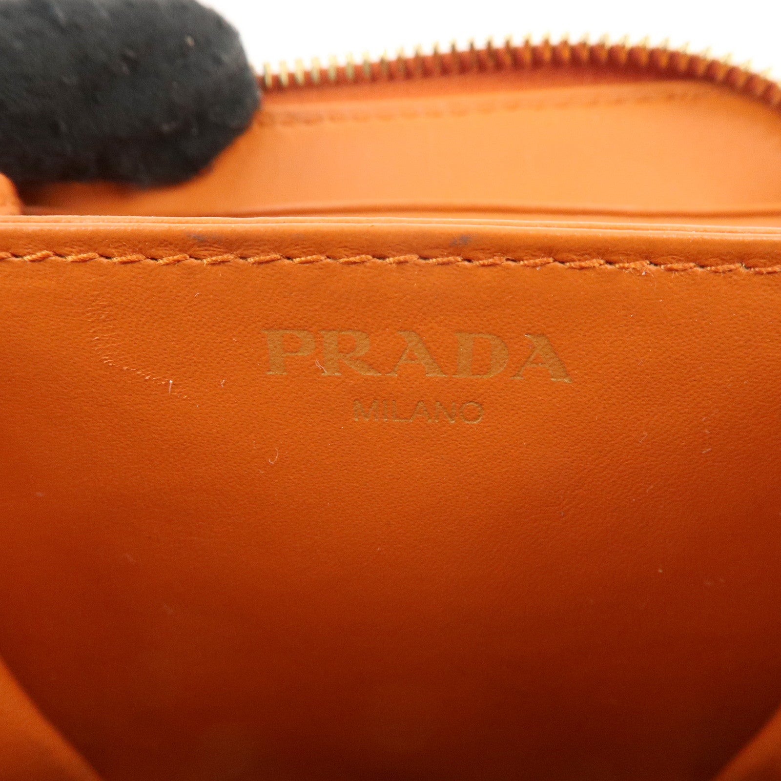 PRADA Saffiano Leather Round Zipper Coin Case Orange