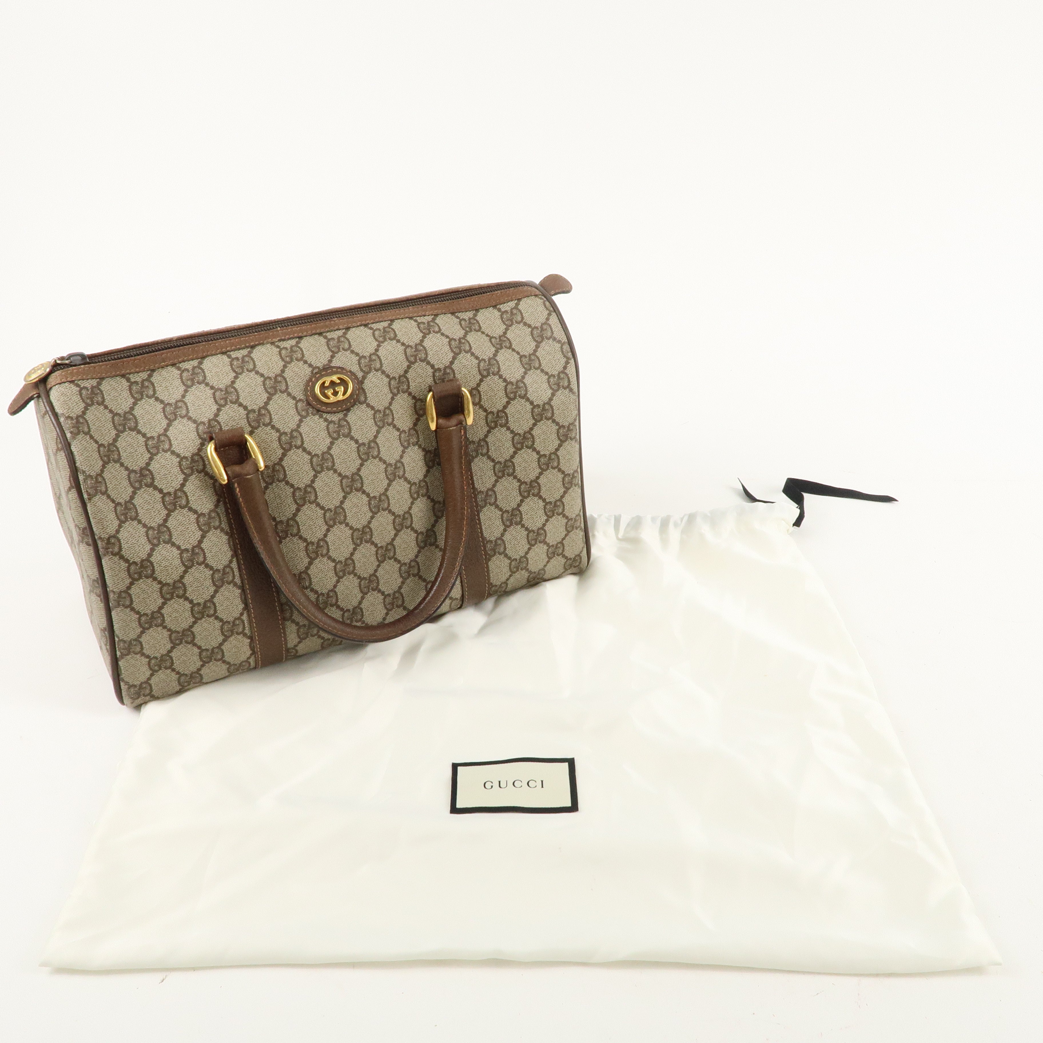 GUCCI Old Gucci GG Plus Leather Boston Bag Beige Brown 002.39