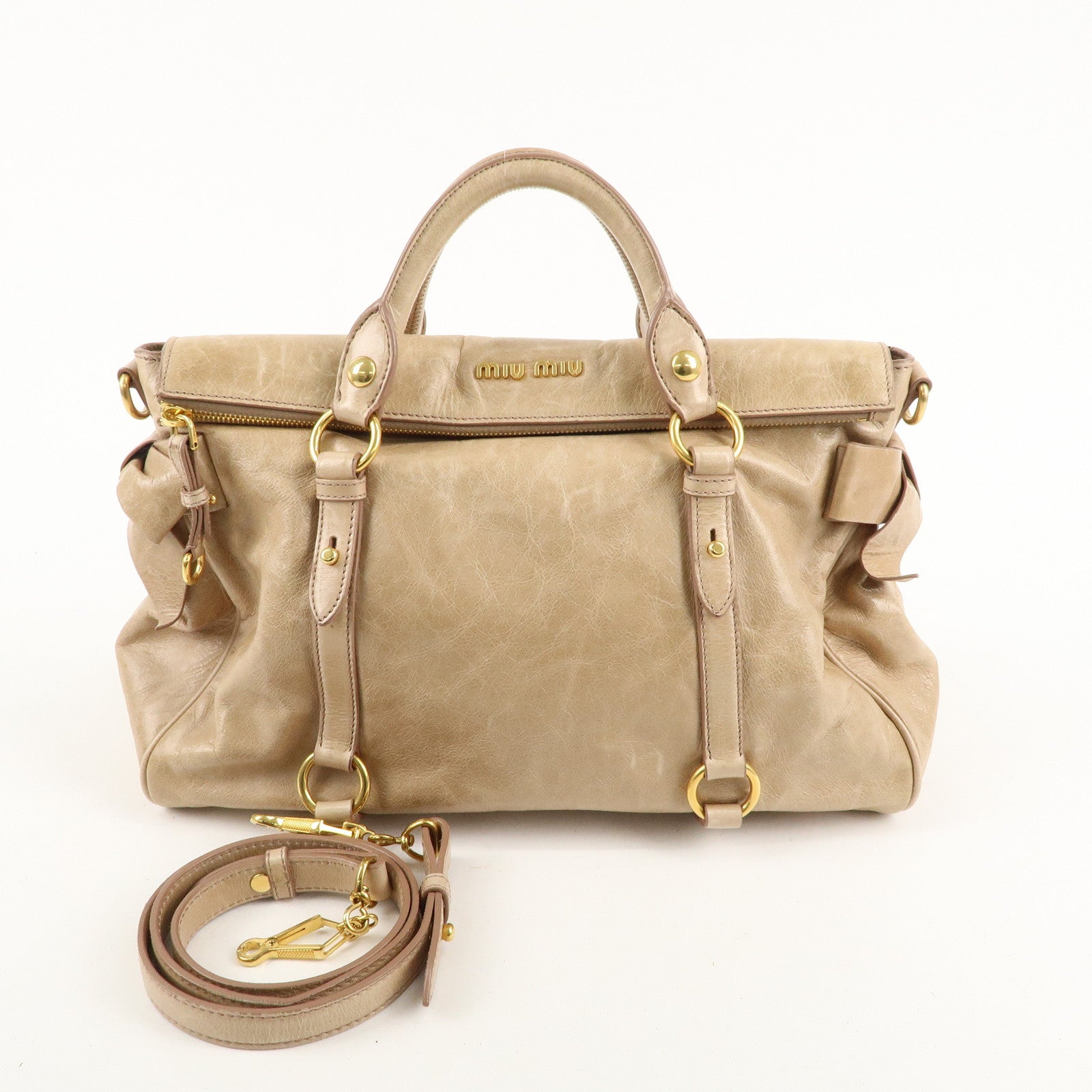 MIU MIU Leather 2Way Bag Hand Bag Shoulder Bag Beige