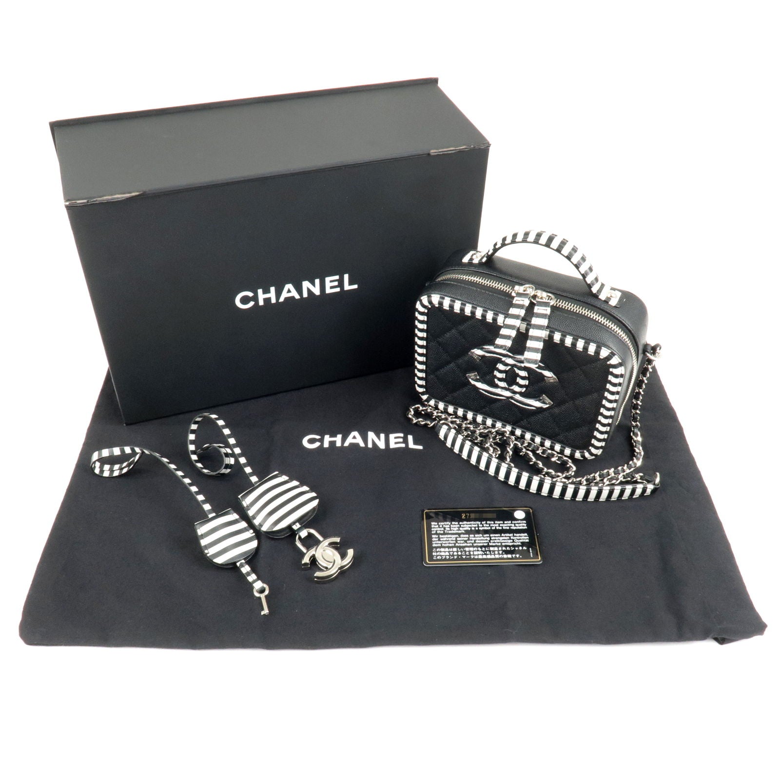 CHANEL CC Filigree Caviar Skin Vanity Case 2Way Bag Stripe A93342