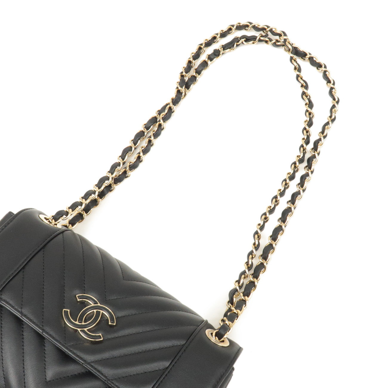 CHANEL Matelasse Lamb Skin Chevron Chain Shoulder Bag Black AS0260