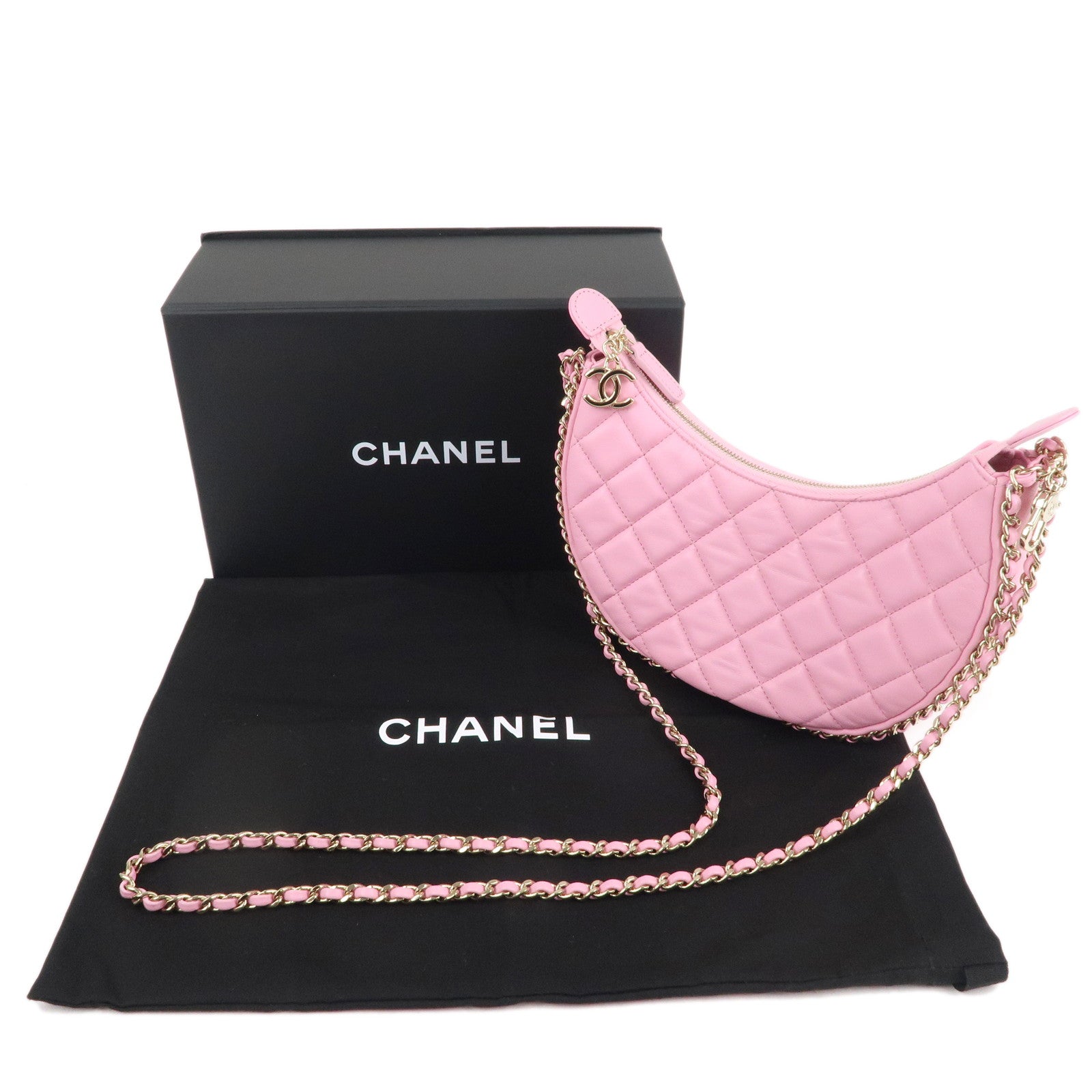 CHANEL Matelasse Lamb Skin Small Hobo Shoulder Bag Pink AS3917