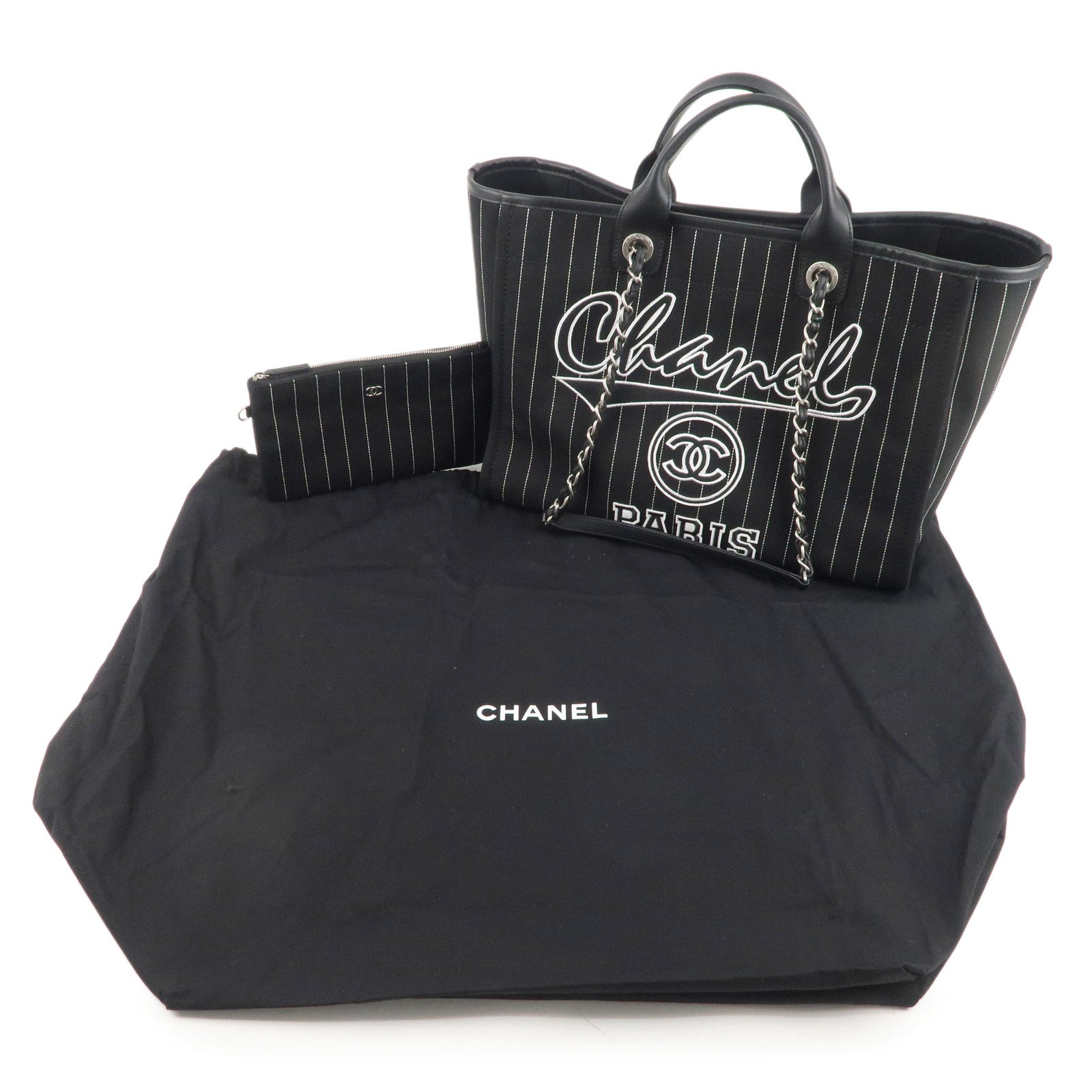 CHANEL Deauville Cnavas Leather Tote Bag GM Black A66941