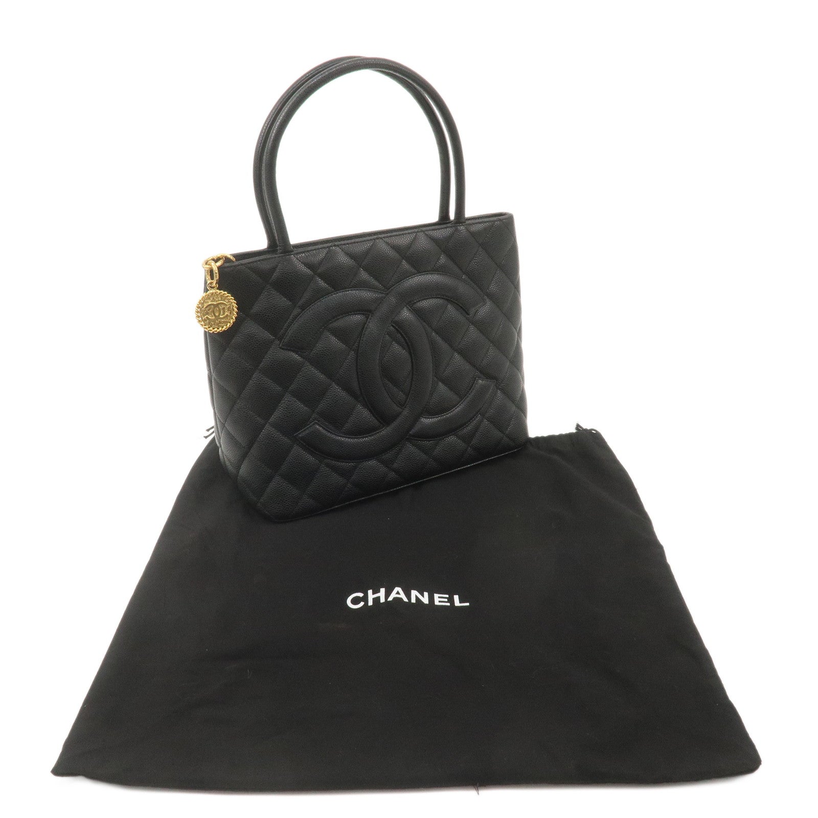 CHANEL Caviar Skin Matelasse Medallion Tote Bag Black A01804