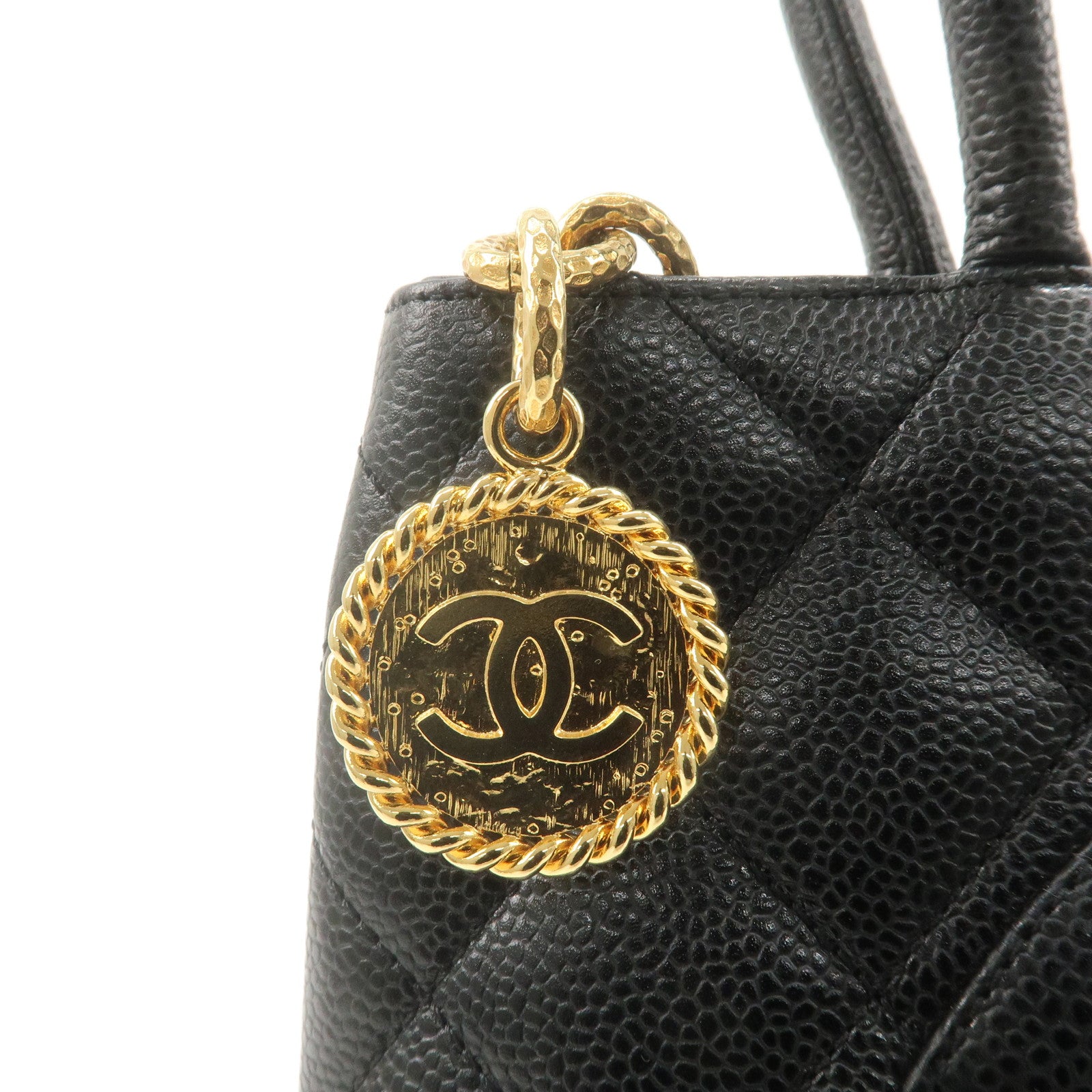 CHANEL Caviar Skin Matelasse Medallion Tote Bag Black A01804