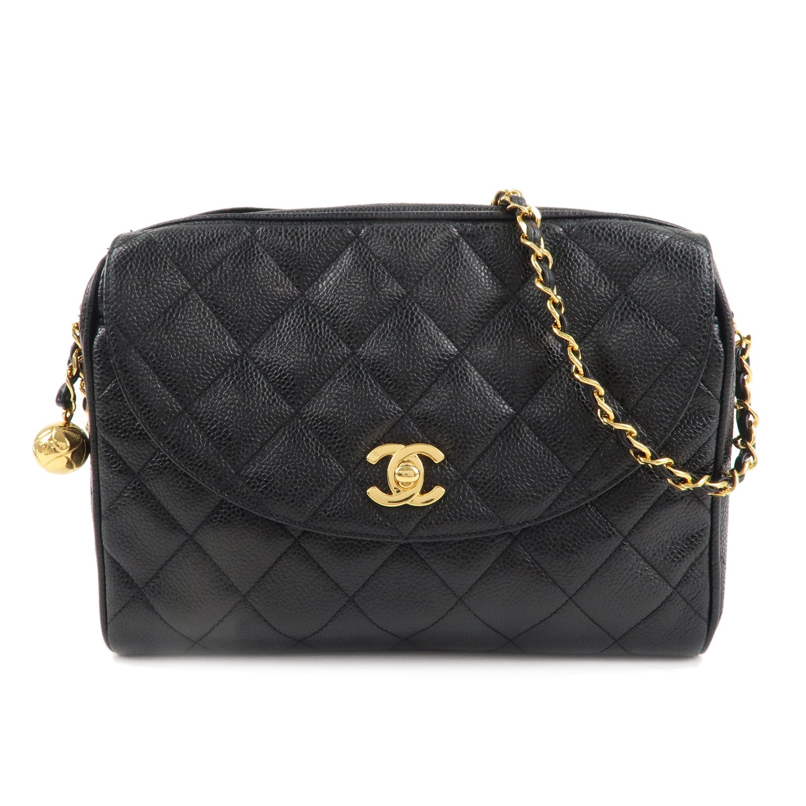 CHANEL-Matelasse-Caviar-Skin-Chain-Shoulder-Bag-Black