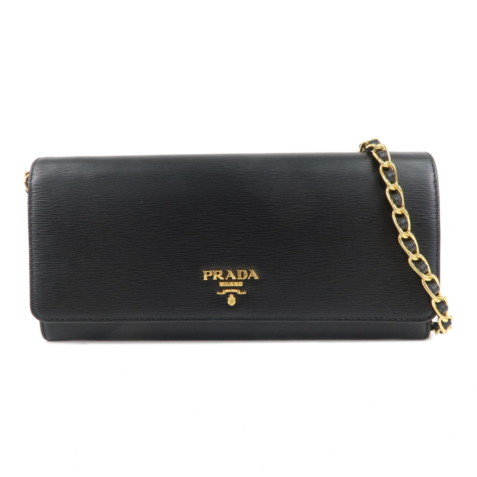 PRADA-Logo-Leather-Chain-Wallet-WOC-Shoulder-Bag-Black-1MT290