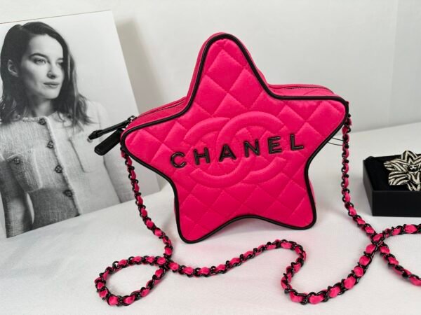Chanel 24C Fuchsia Satin Walk of Fame Star Bag with Black Lacquered Hardware.