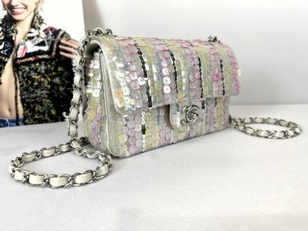 Chanel 24C Mini Classic Flap Bag Embroidered Satin, Pink and Yellow Sequins with Silver Hardware.