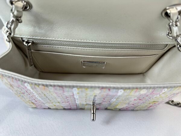 Chanel 24C Mini Classic Flap Bag Embroidered Satin, Pink and Yellow Sequins with Silver Hardware.