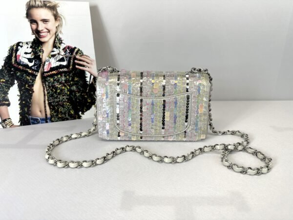 Chanel 24C Mini Classic Flap Bag Embroidered Satin, Pink and Yellow Sequins with Silver Hardware.