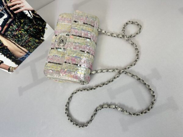 Chanel 24C Mini Classic Flap Bag Embroidered Satin, Pink and Yellow Sequins with Silver Hardware.