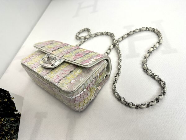 Chanel 24C Mini Classic Flap Bag Embroidered Satin, Pink and Yellow Sequins with Silver Hardware.