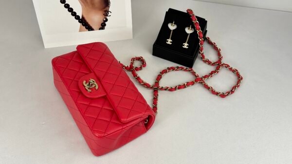 Chanel 24S Dark Red Lambskin  Rectangular Mini with Champagne Gold Hardware.