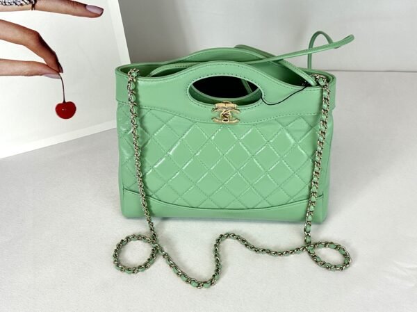 Chanel 24S Green Shiny Lambskin Mini 31 Bag with Champagne Gold Hardware.