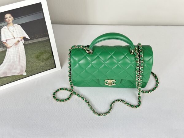 Chanel 24A Green Lambskin Top Handle Mini with Champagne Gold Hardware.