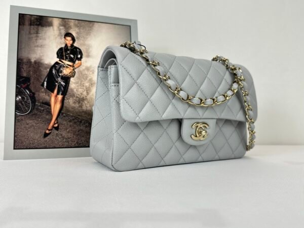 chanel 23B Grey Caviar Small Classic Flap with Champagne Gold Hardware.