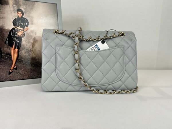 chanel 23B Grey Caviar Small Classic Flap with Champagne Gold Hardware.