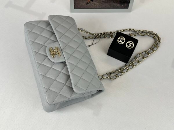 chanel 23B Grey Caviar Small Classic Flap with Champagne Gold Hardware.