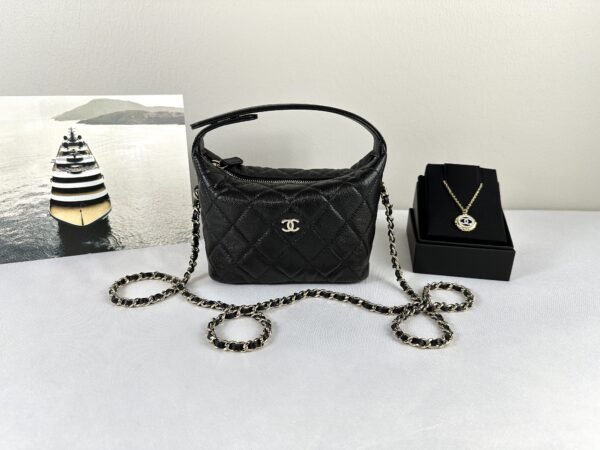 Chanel 25C Black Caviar Hobo Clutch on Chain with Light Gold Hardware