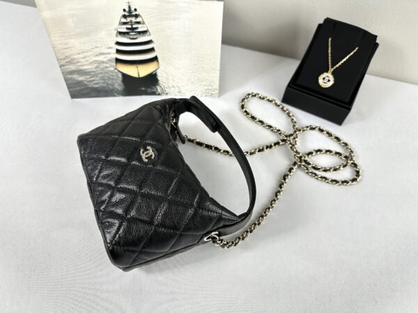 Chanel 25C Black Caviar Hobo Clutch on Chain with Light Gold Hardware
