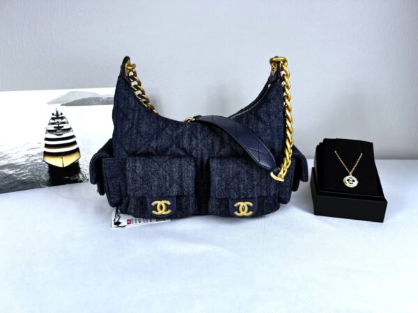 Chanel 25C Dark Blue Denim Trendy Pockets Small Hobo Bag