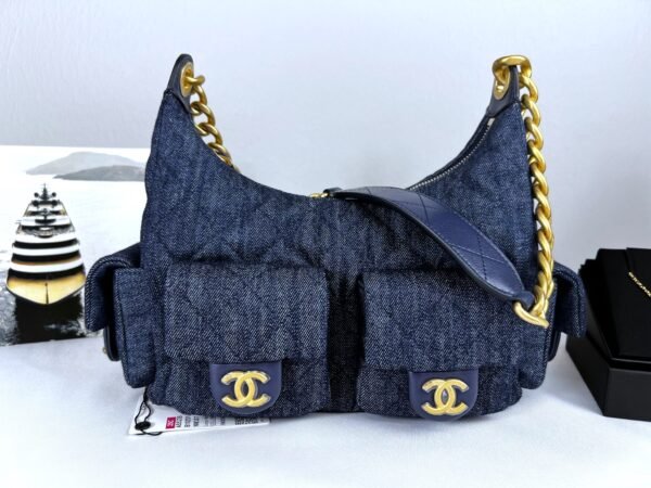 Chanel 25C Dark Blue Denim Trendy Pockets Small Hobo Bag