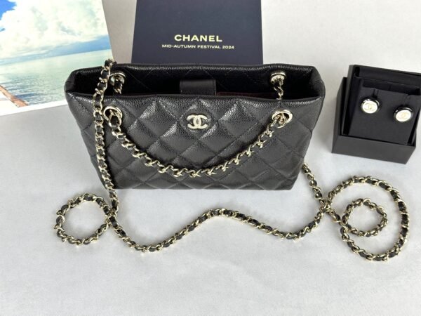 Chanel 25C Black Caviar Clutch on Chain with Light Gold Hardware