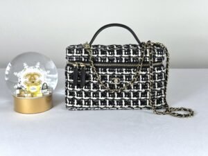 IMG_3119 Chanel 25C Black and White Tweed Top Handle Vanity Case with Chain