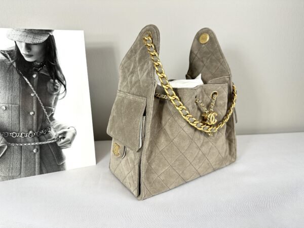 Chanel 25C Grey Suede Small Maxi Pockets Hobo Bag