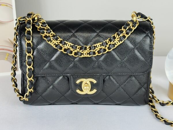 Chanel 25P Black Caviar Flap Bag with Matte Gold Hardware