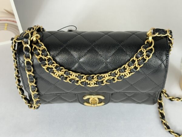 Chanel 25P Black Caviar Flap Bag with Matte Gold Hardware