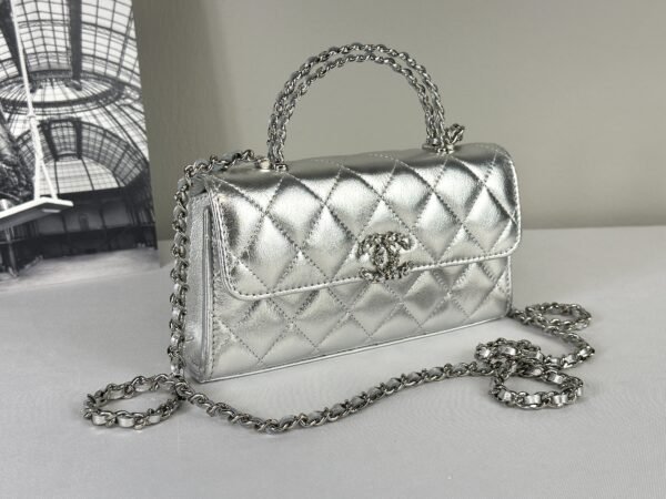 Chanel 25S Silver Calfskin Kelly Clutch with Chain