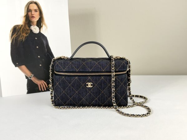Chanel 26P Dark Blue Denim Slim Vanity with Light Gold Hardware