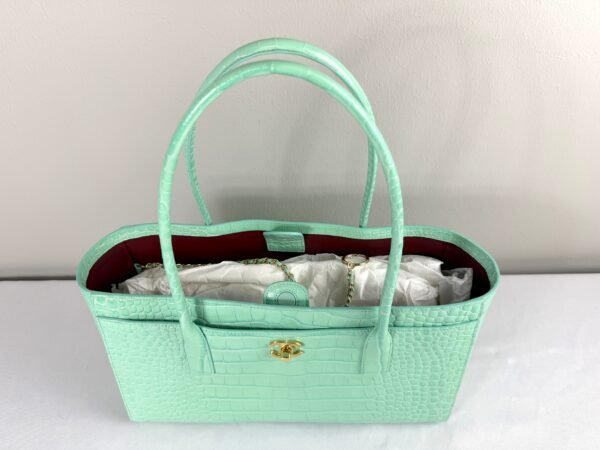 Chanel 26S Green Croc Print Shopping Tote