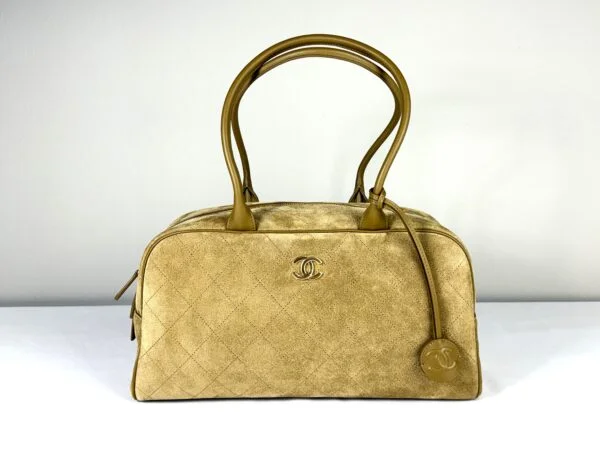 Chanel 26B Beige Suede Large Bowling Bag