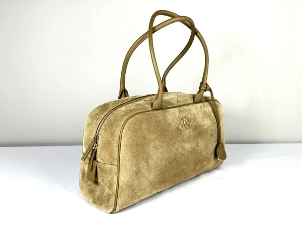 Chanel 26B Beige Suede Large Bowling Bag
