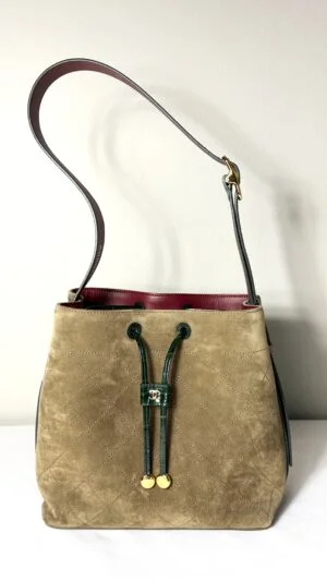 IMG_3825 Chanel 26B Khaki Suede CC Loop Small Bucket Bag