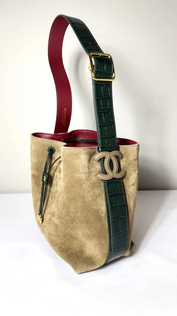 Chanel 26B Khaki Suede CC Loop Small Bucket Bag